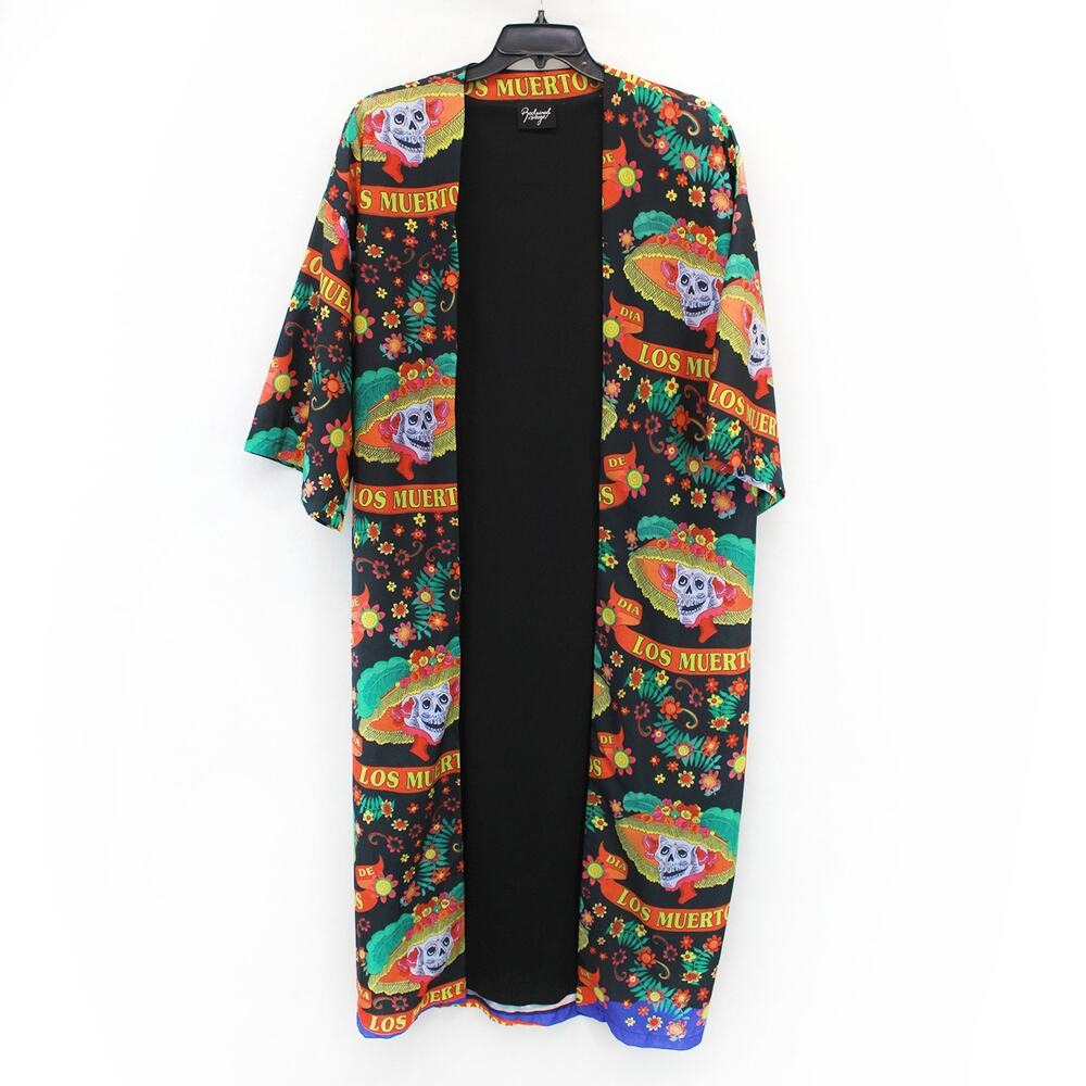 Reclaimed Vintage Los Muertos skull lined kimono duster top robe One Size